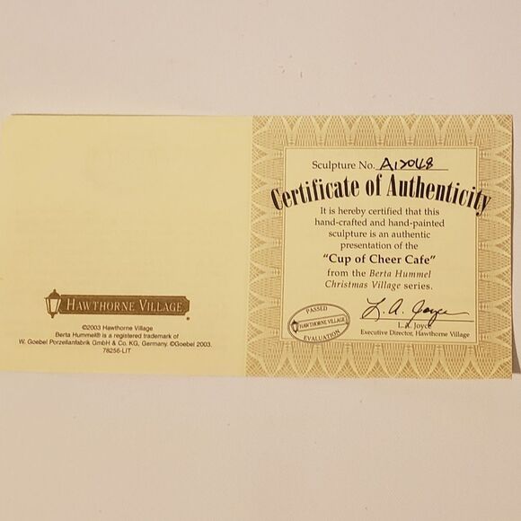 Berta Hummel "Cup of Cheer Cafe" 2003 Hawthorne Village Series - Picture 11 of 11